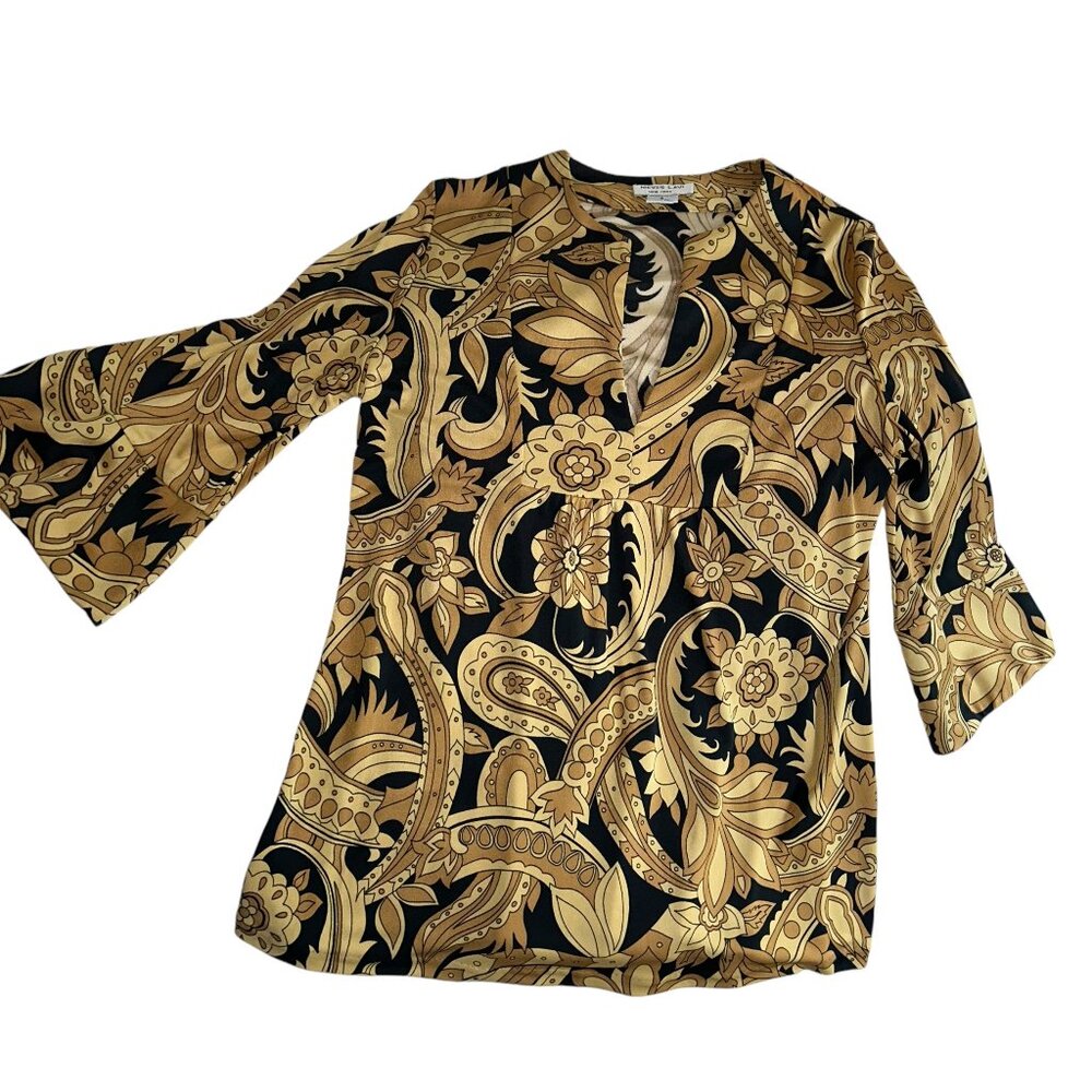 nieves lavi black gold paisley baroque print knit top S